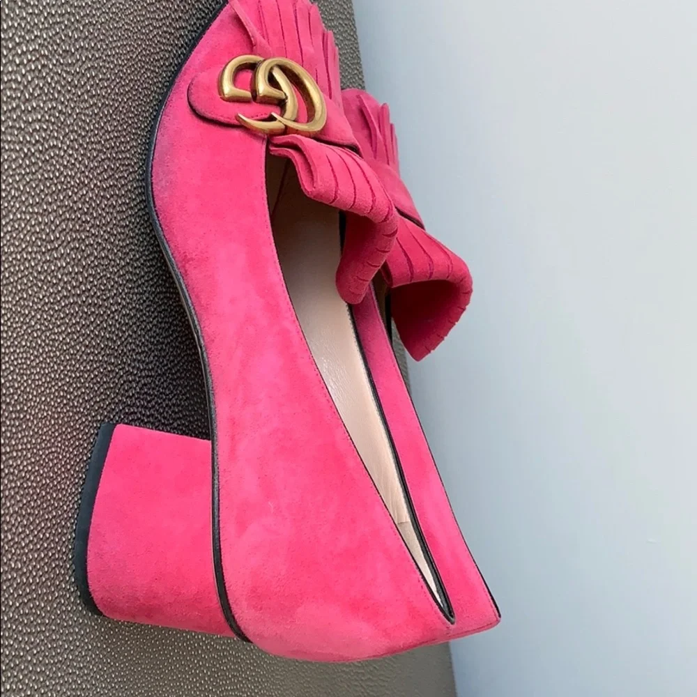Gucci Pink Suede Block Heel Loafers with Gold Double G - Picture 5 of 5